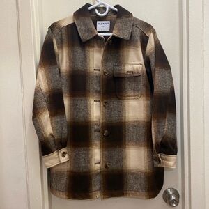 Old Navy Plaid Brown Beige Long Jacket in Size Womens XS Extra Small